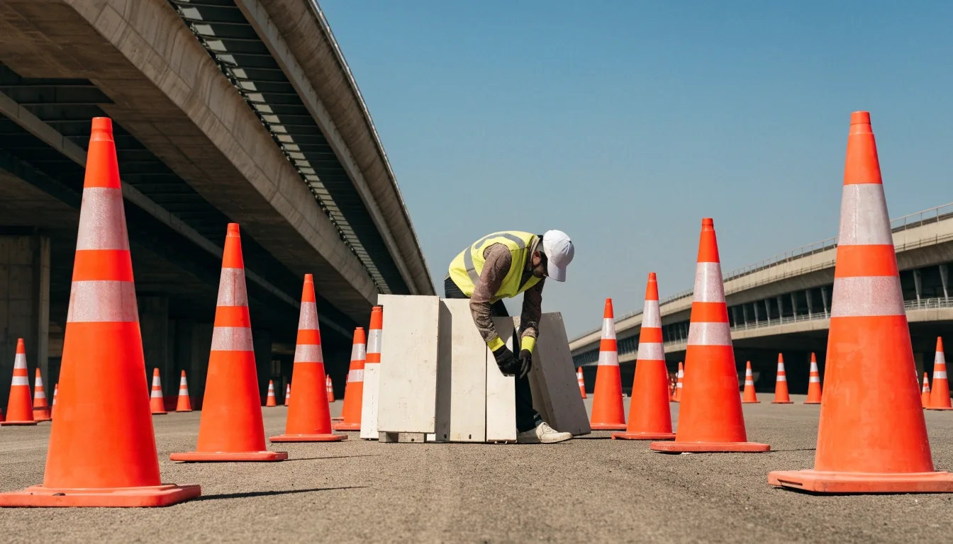 A roadworks zone with traffic cones and plain barriers on an empty UAE road