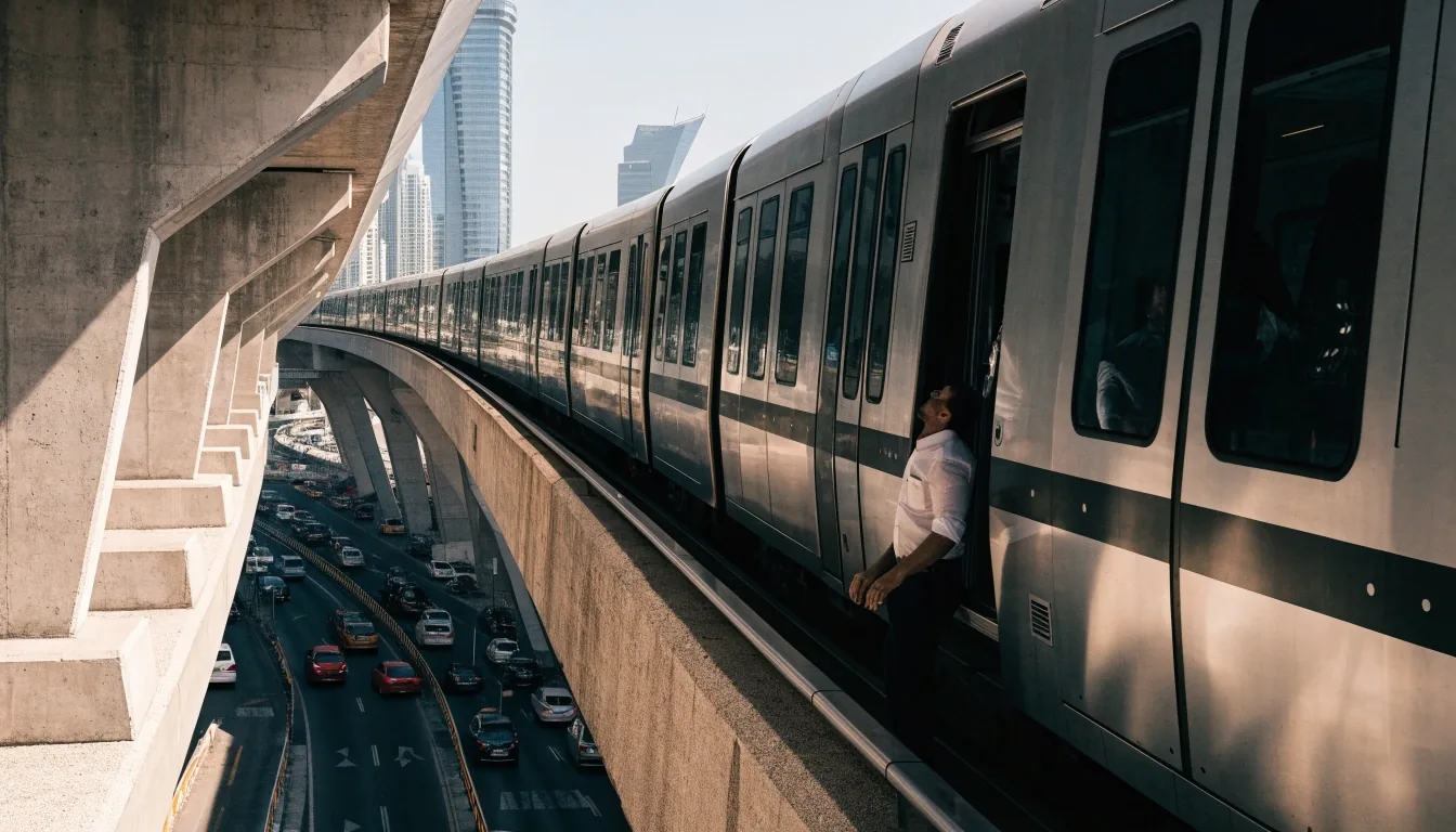 A Dubai Metro viaduct crossing above a multi-lane road in bright midday light