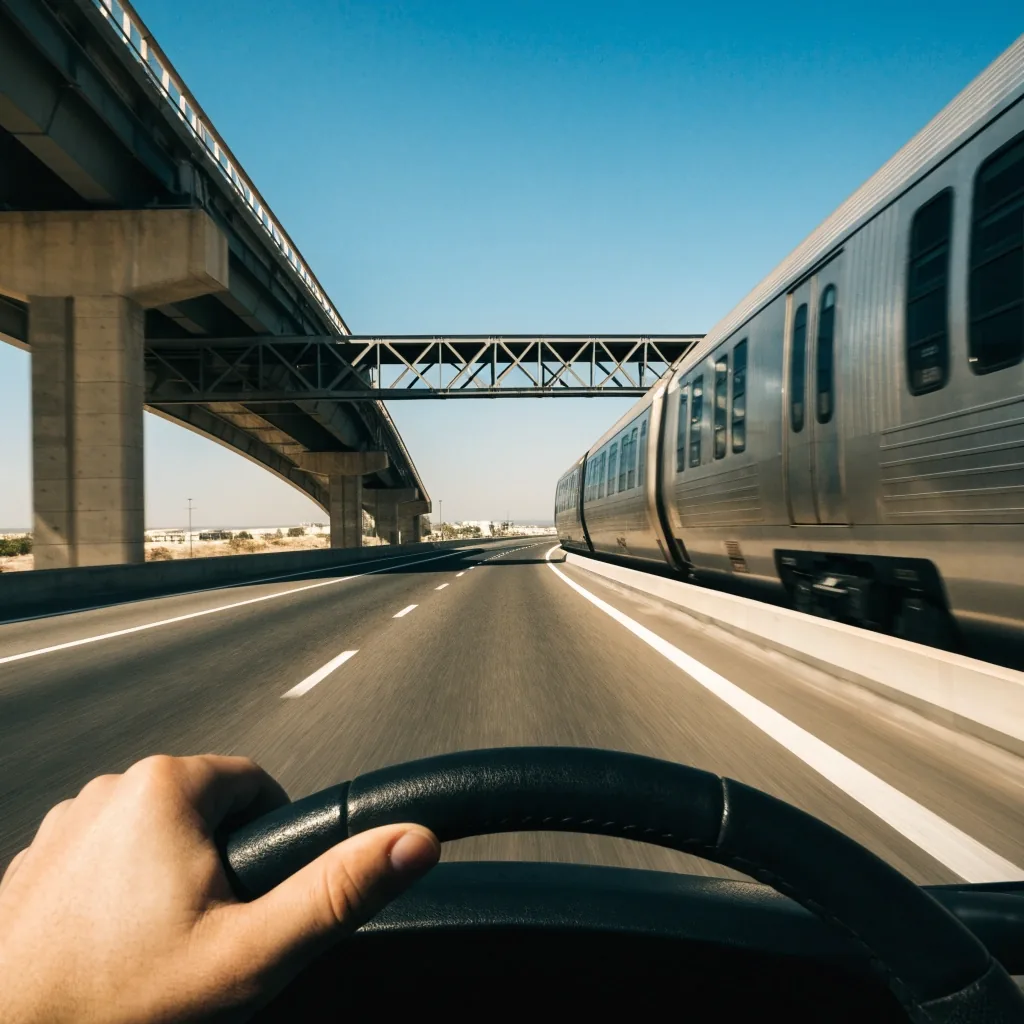 View from a car windscreen along an empty UAE highway with lane markings receding