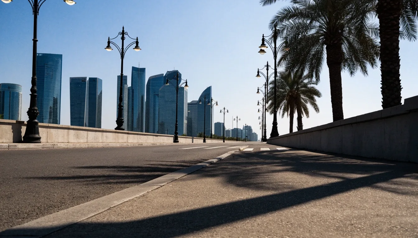 Business Bay office towers seen from street level in hard midday light