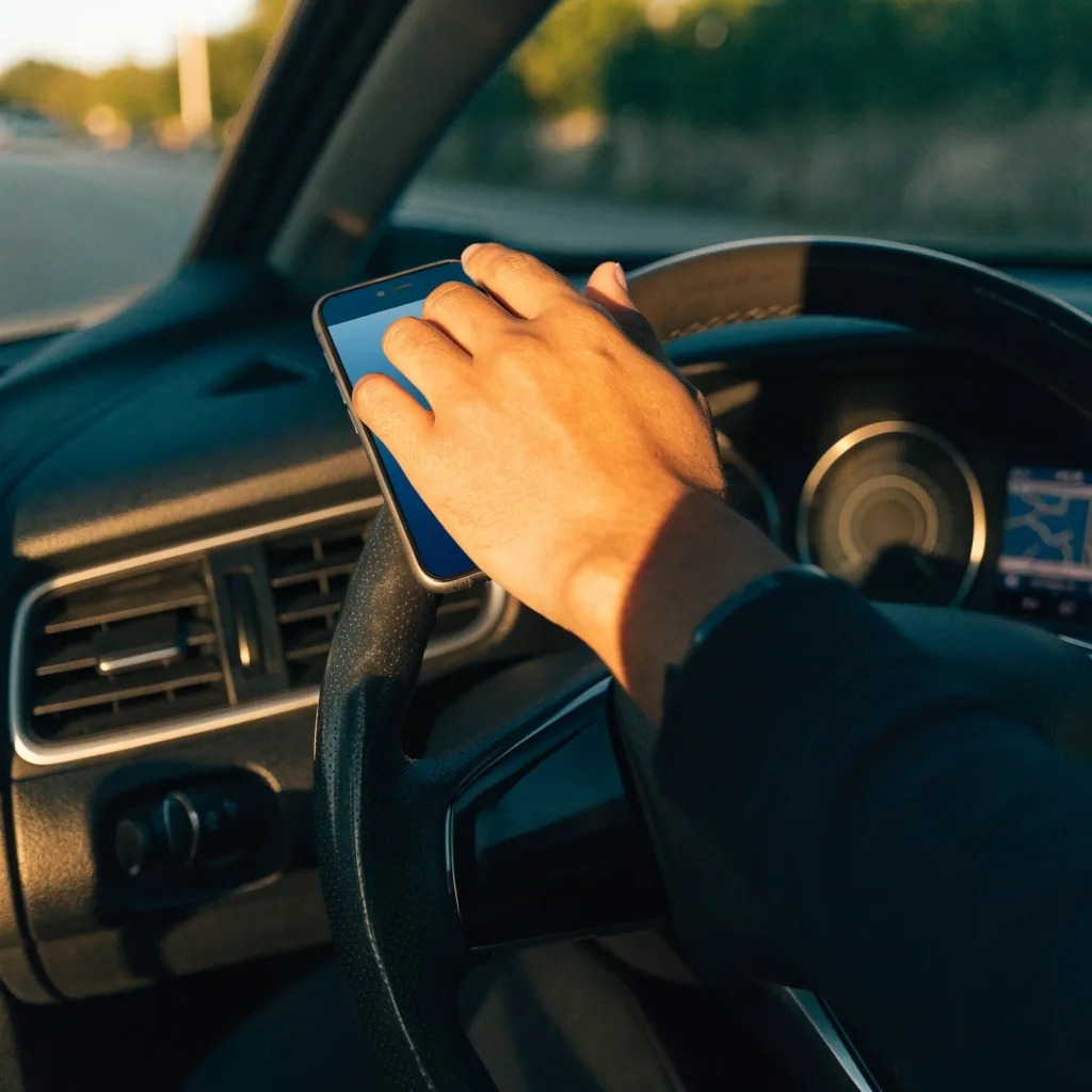 Driver's hand resting on a steering wheel inside a parked car in afternoon light