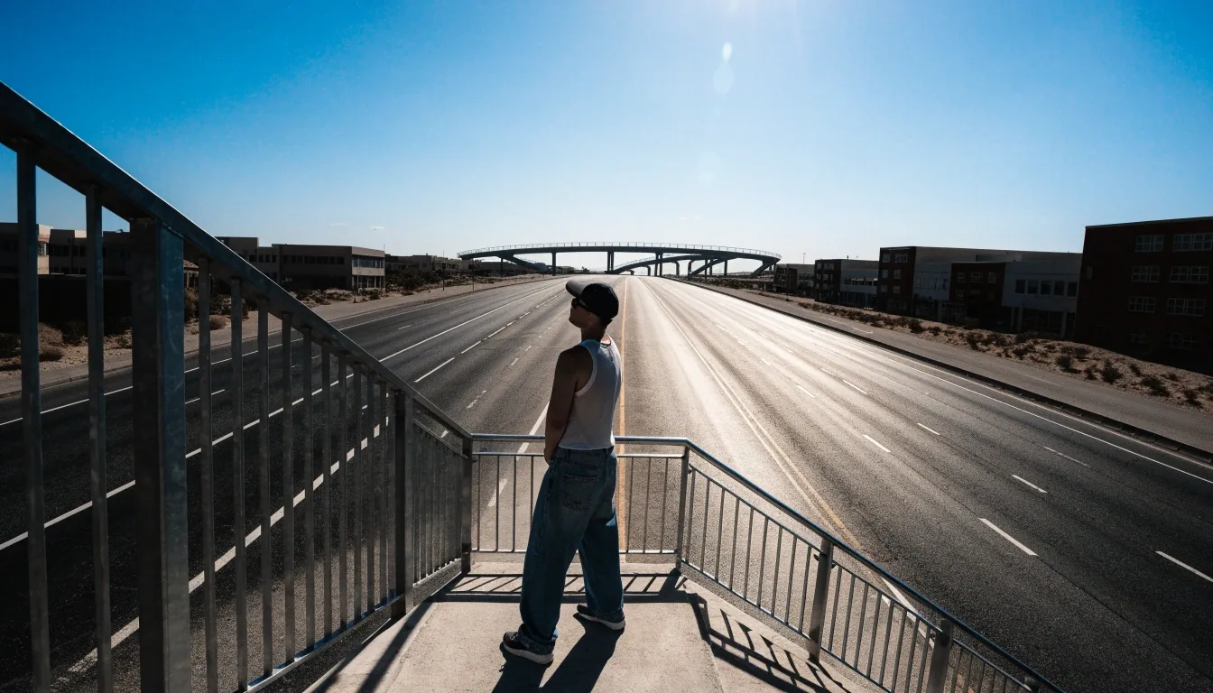 Empty multi-lane Dubai highway receding toward a distant interchange in hard midday light