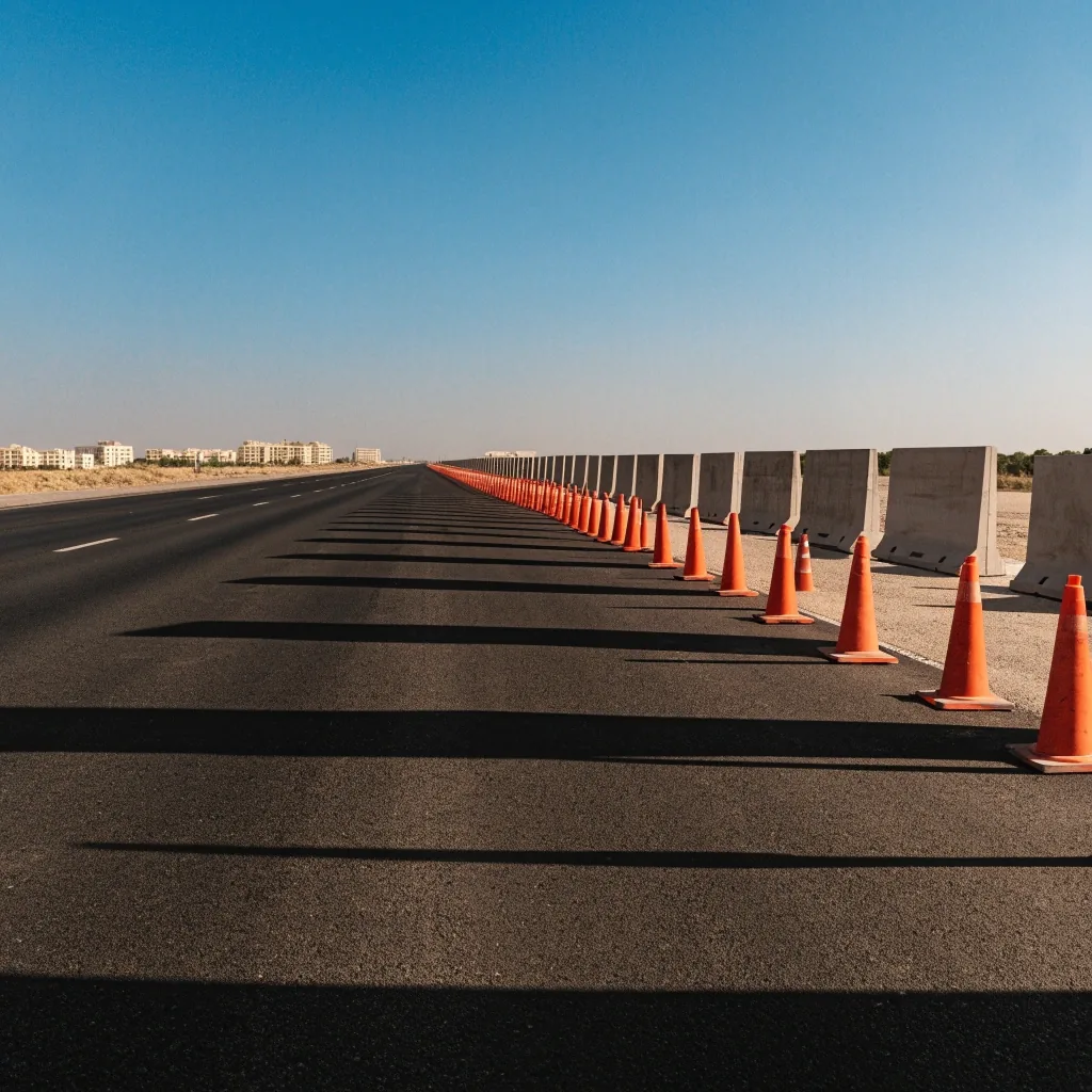 Roadworks zone with traffic cones and plain barrier boards on a wide road at noon