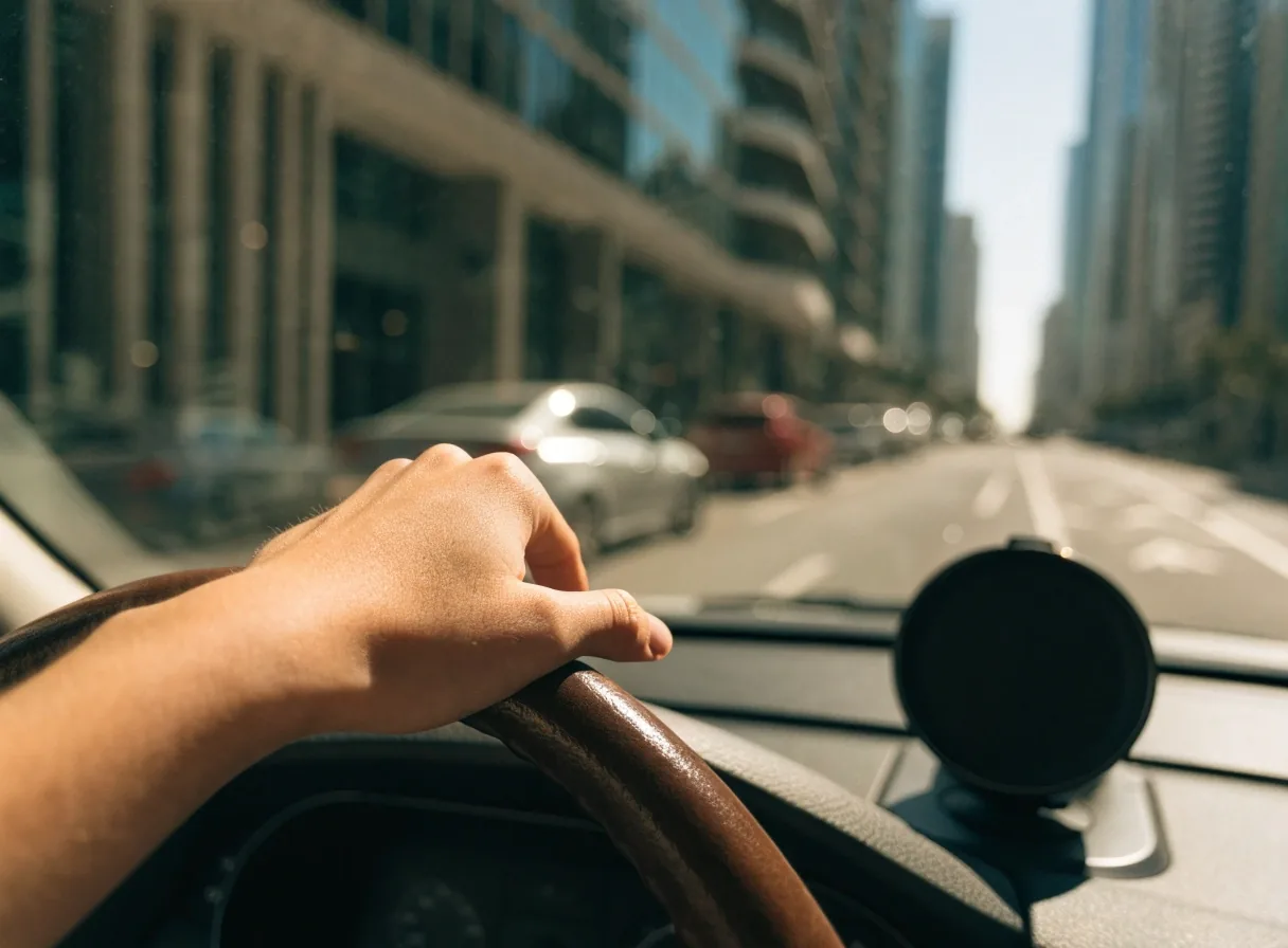Car interior at rest with a hand on the steering wheel and an empty phone mount