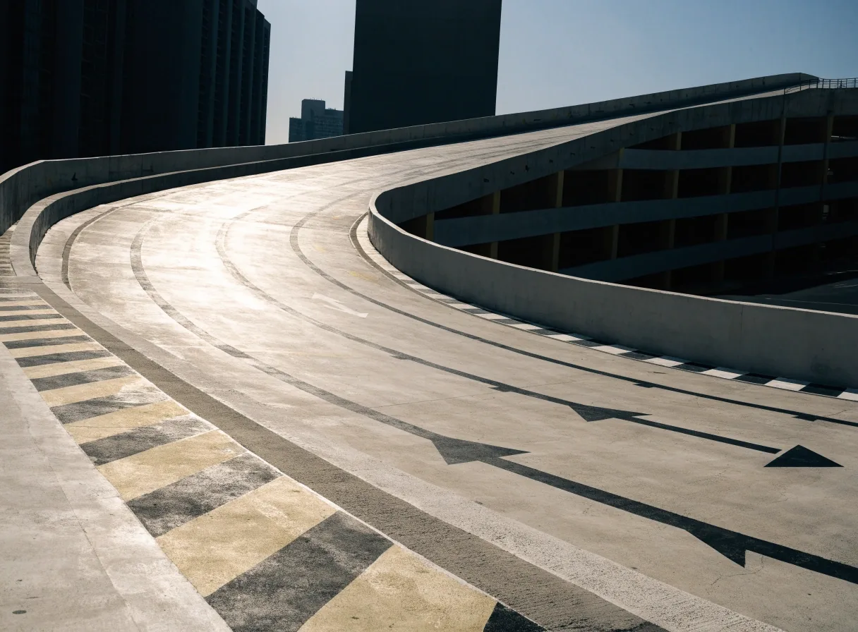 Car park ramp with painted chevron markings curving upward in hard noon light