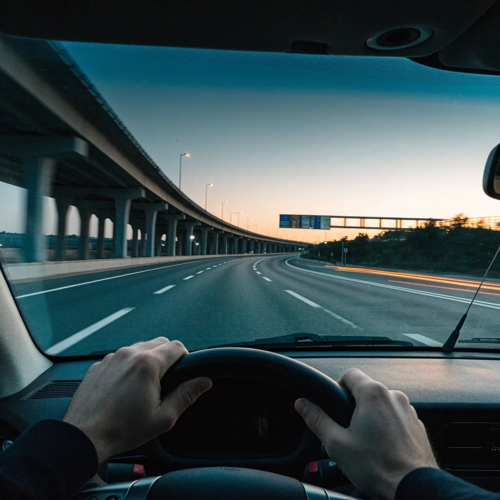 Empty multi-lane UAE highway at dusk receding toward a distant interchange gantry