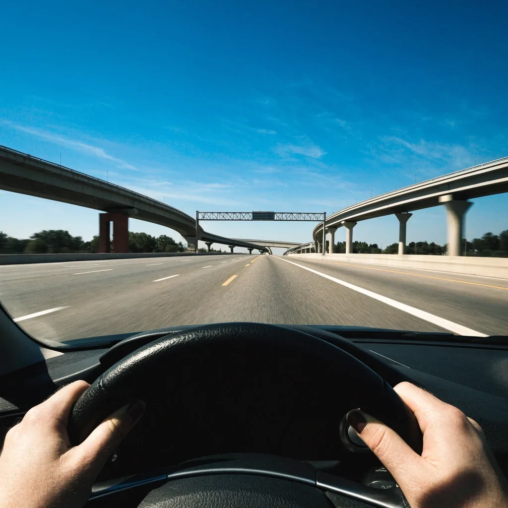 Empty multi-lane UAE highway at noon seen low from the windscreen, lanes receding toward a distant interchange
