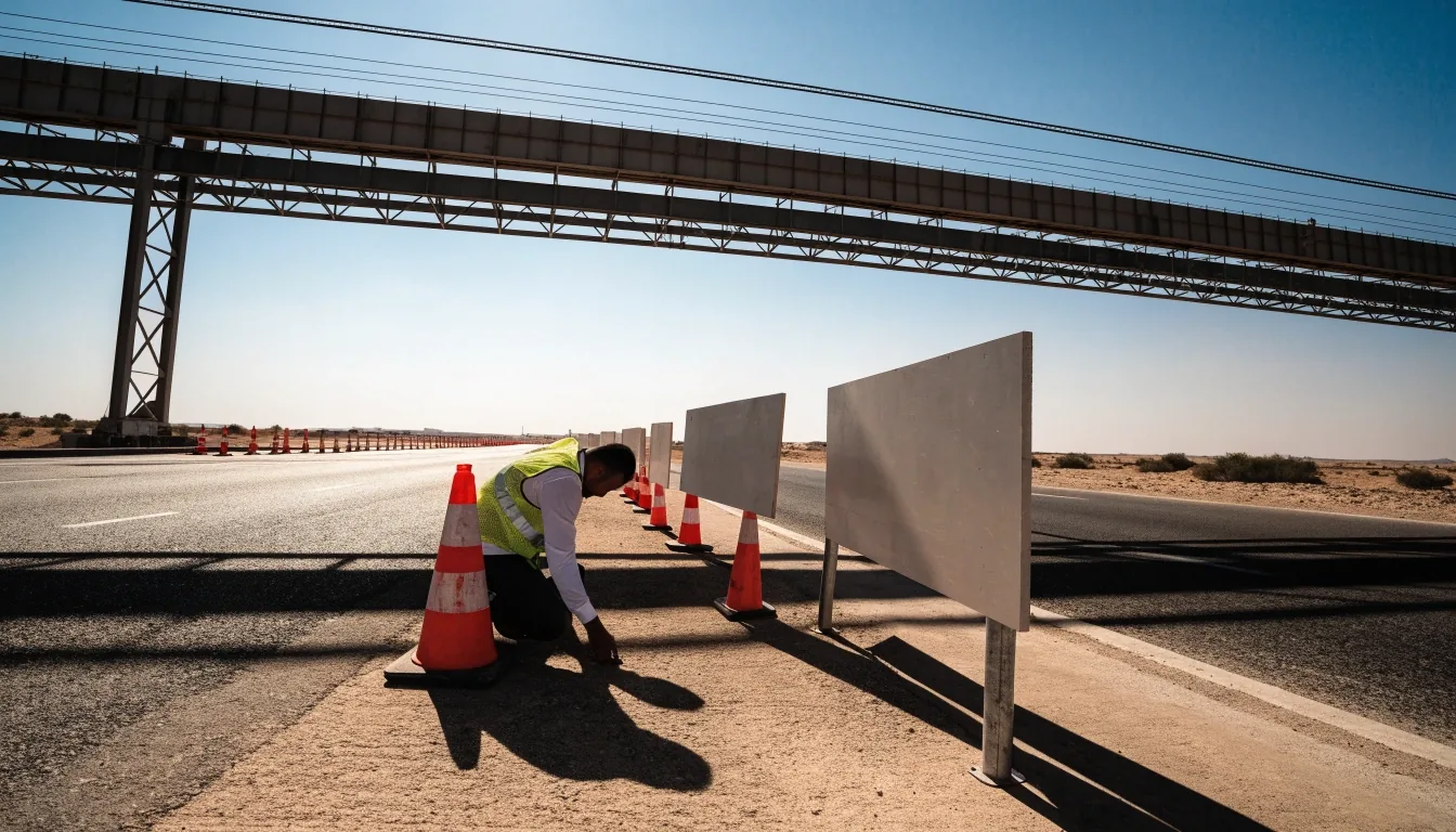 Roadworks zone on a UAE highway at midday with cones and plain barrier boards along a closed lane