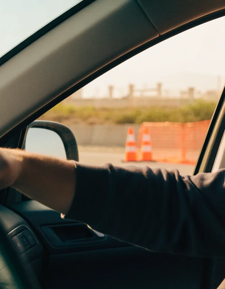 A driver's hand resting on a gear selector inside a car at rest in raking afternoon light