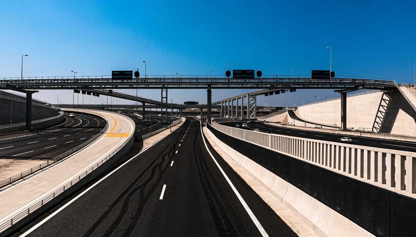 A UAE highway interchange seen from a distance at midday with geometric gantries and sweeping ramps