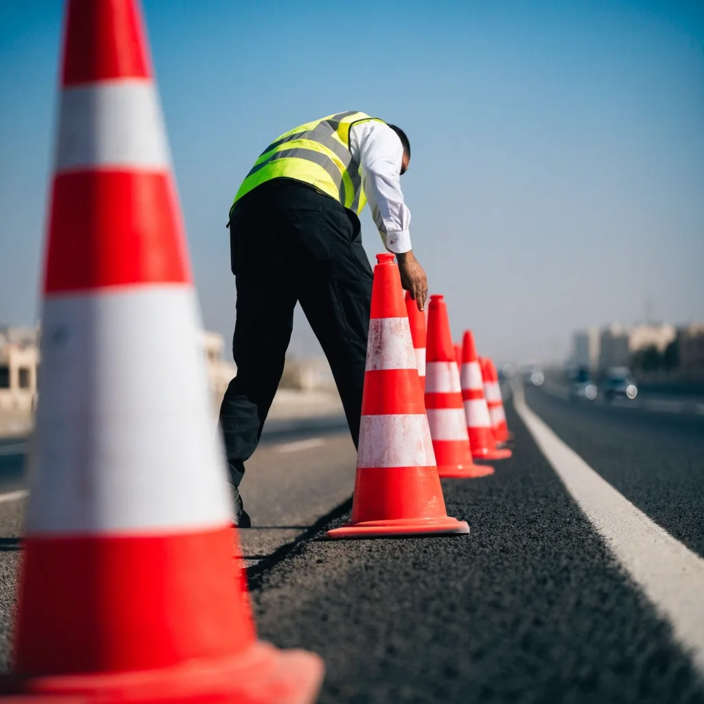 An empty roadworks zone on a UAE highway shoulder with traffic cones and plain barrier boards under hard noon light