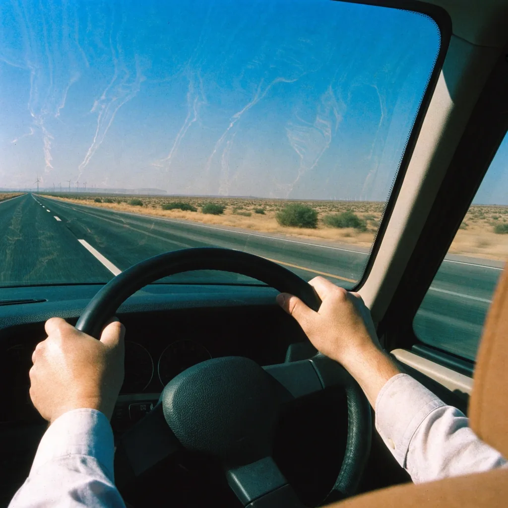 An empty desert highway crossing open terrain under a hard midday sky
