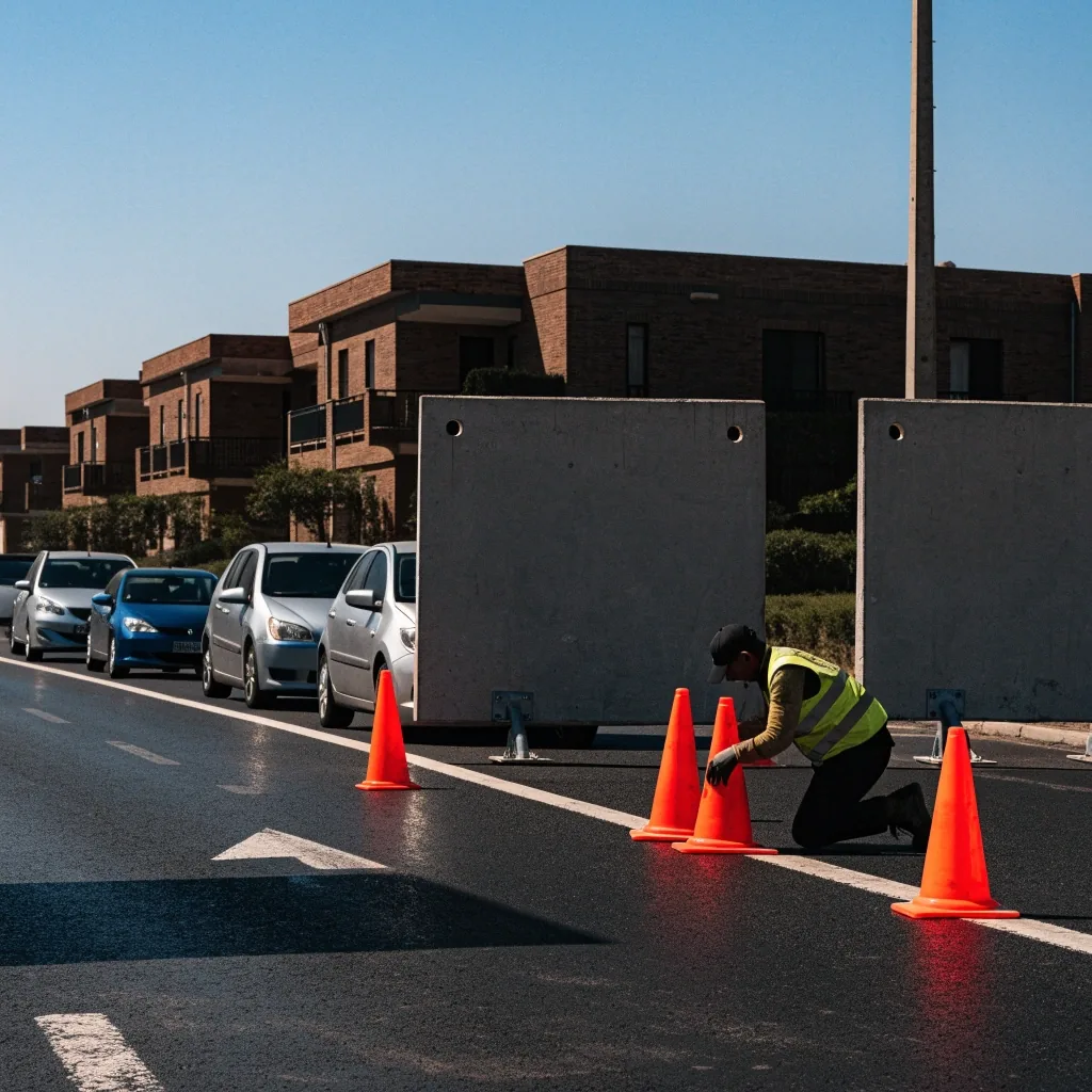 Empty roadworks zone on a UAE arterial road with traffic cones and barrier boards in hard noon light