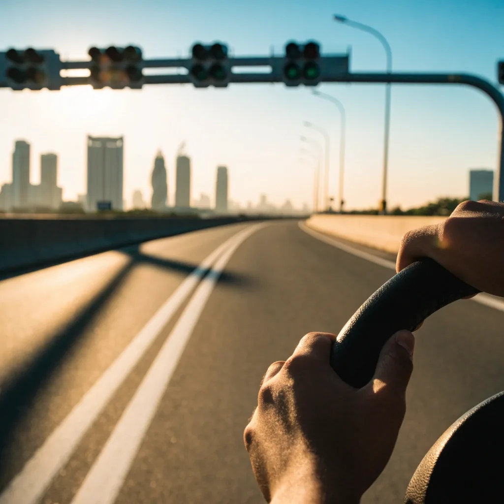 Dubai arterial road in early morning light with long shadows across the asphalt