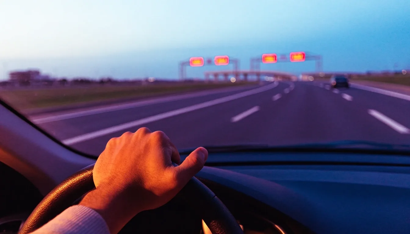 Multi-lane UAE highway at dusk receding toward a distant interchange
