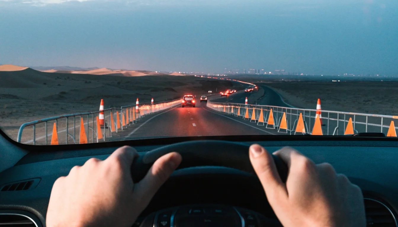 Desert highway at dusk with heat shimmer above the tarmac