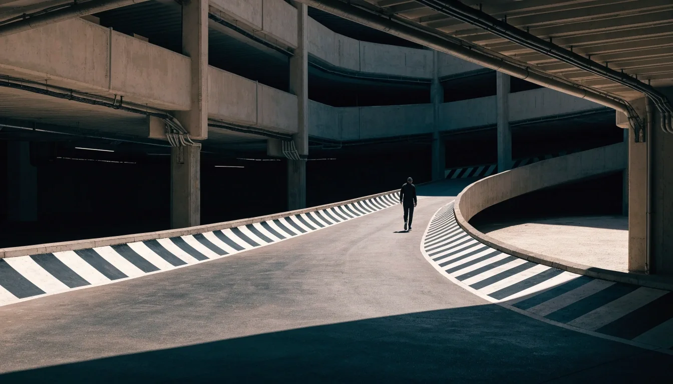 Empty curved ramp entrance of a multi-level car park in hard noon light