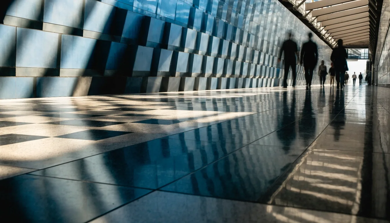 Tiled metro platform edge in a modern Gulf city in hard daylight