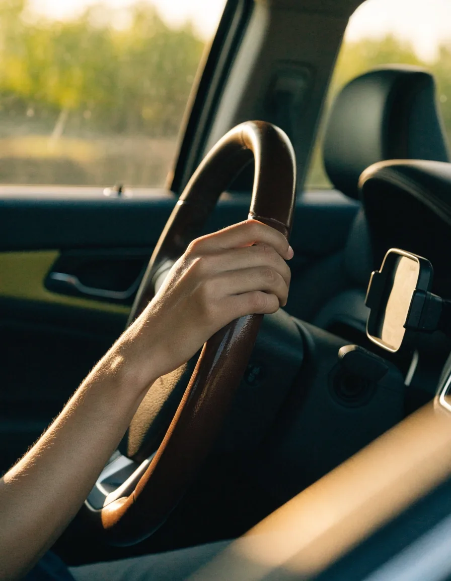 Hand resting on a steering wheel inside a car at rest in raking window light