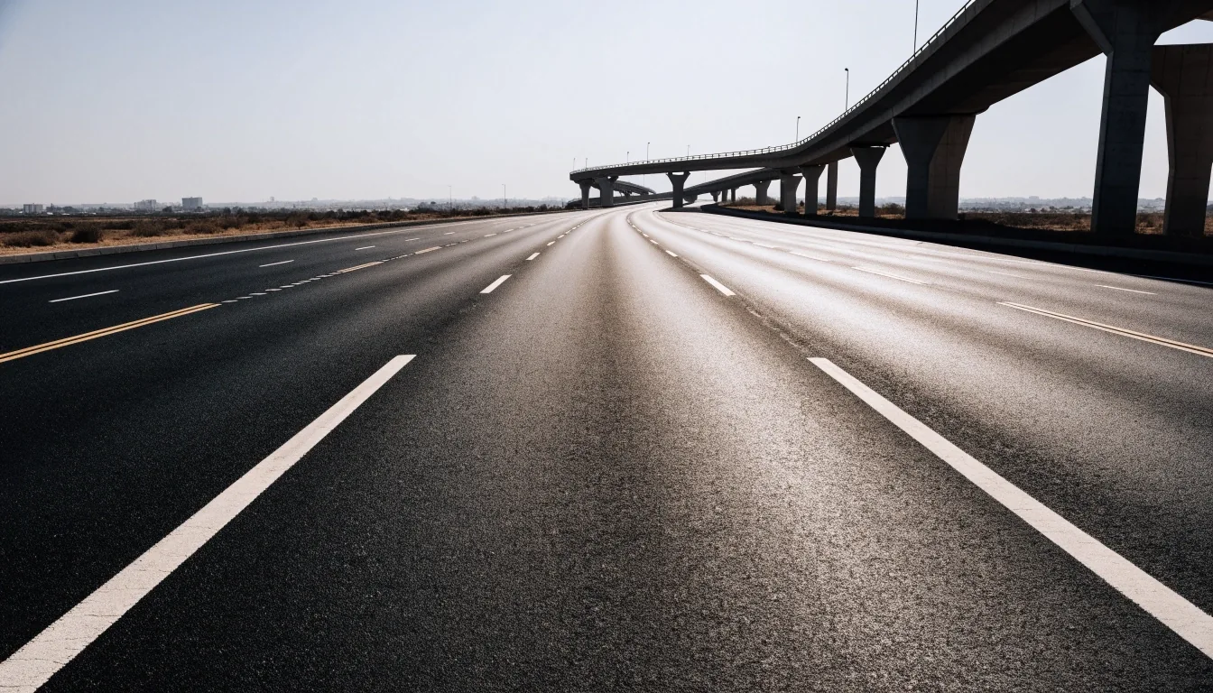 Empty multi-lane UAE highway at noon, lane markings receding toward a distant interchange