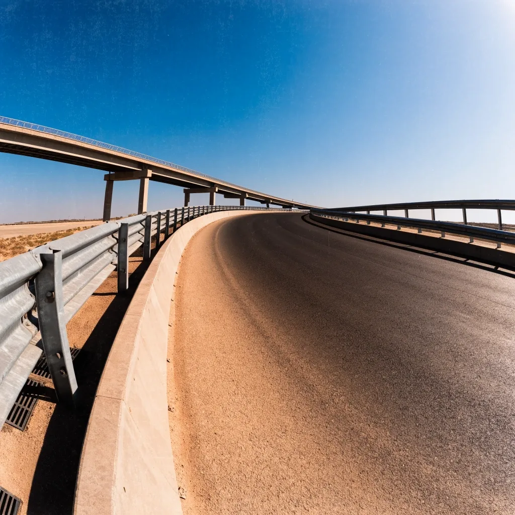 Empty multi-lane highway at noon receding toward a distant interchange