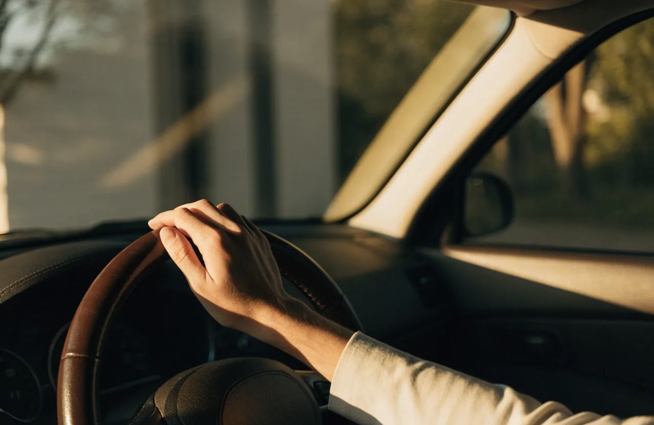 Hand resting on a steering wheel inside a car at rest in raking window light